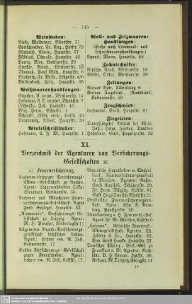 XI. Verzeichniß der Agenturen von Versicherungs-Gesellschaften etc.
