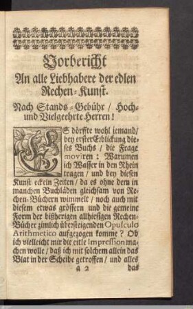 Vorbericht: An alle Liebhabere der edlen Rechen-Kunst.