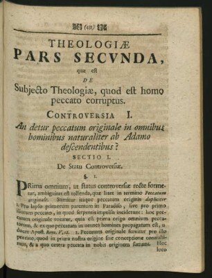 Theologiae Pars Secunda, que est De Subjecto Theologiae, quod est homo peccato corruptus
