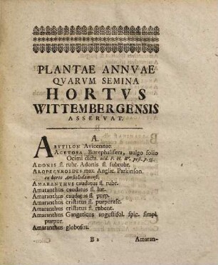 Catalogvs Plantarvm Inprimis Exoticarvm Horti Academici Wittenbergensis