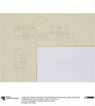 Darmstadt, Projekt Doppelhaus Cabinet, erste Version, Skizzenblatt mit Aufrissen der Nord und Westfassade sowie Grundriss