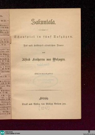 Sakuntala : Schauspiel in fünf Aufzügen