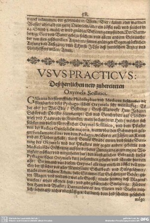 Usus Practicus: Deß herrlichen new zubereiteten Oxymels Scillitici.