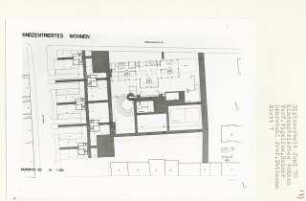 Kindzentriertes Wohnen, Berlin-Schmargendorf (Diplomarbeit bei Werner Düttmann): Grundriss Erdgeschoss 1:200