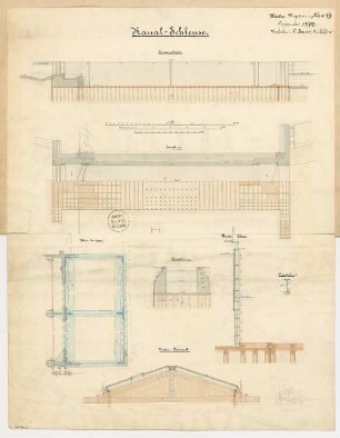 Kanalschleuse Monatskonkurrenz September 1872: Schleuse: Grundriss, Längsschnitt, Querschnitt; 3 Maßstabsleisten. Schleusentor: 2 Vertikalschnitte, Horizontalschnitt