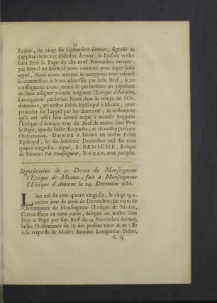 Signification de ce Decret de M. l`Evêque de Meaux, fait à M. l`Evêque d`Amiens le 24. Decembre 1686.