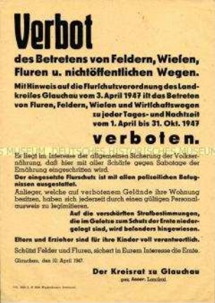 Verbot des Betretens von Feldern, Wiesen, Fluren und nichtöffentlichen Wegen