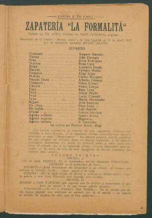 Zapatería "La formalitá" : sainete en un acto, dividido en tres cuadros, original