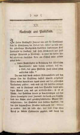 XX. Nachricht ans Publikum.