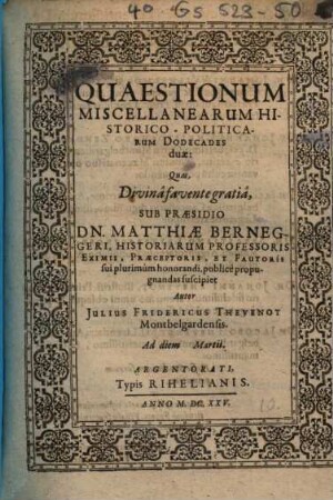 Quaestionum Miscellanearum Historico-Politicarum Dodecades duae