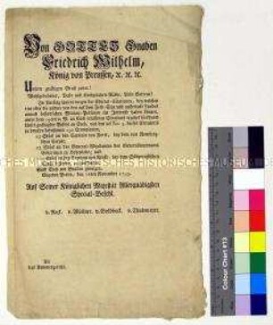Spezialbefehl von Friedrich Wilhelm II. König von Preußen an das Kammergericht betreffs Militärangelegenheiten