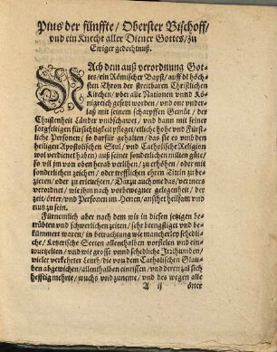 Freyheit vnnd Bulla des Allerheiligsten in Gott Vatters vnd Herren, Herren Pij, des namens fünfften Bapsts, Vber die Erhöhung vnd schöpffung, des Durchleuchtigsten Fürsten vnd Herren, Herren Cosmi Medices, Hertzogen zu Florentz, [et]c. Zu einem Großhertzogen vnd Königmässigem, der Prouintz Ethrurien, jme vnderworffen : Geschehen zu Rom, den 27. August. Anno M.D.LXIX.