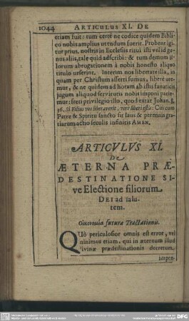 Articulus XI. Aeterna Praedestinatione sive Electione filiorum Dei ad salutem
