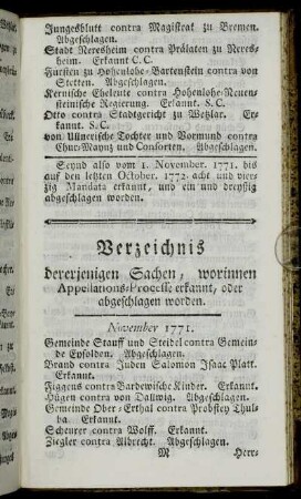 Verzeichnis dererjenigen Sachen, worinnen Appellations-Processe erkannt, oder abgeschlagen worden.