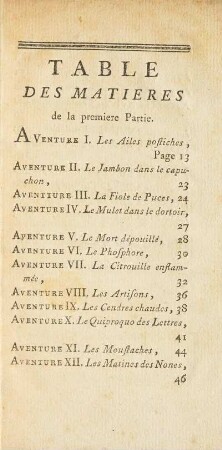 Table des Matieres de la premiere Partie