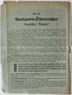 Aufruf des Deutschösterreichischen Verlages an Auslandsösterreicher deutscher Nation zur Gründung und zum Beitritt eines Bundes für Auslandsösterreicher