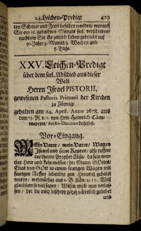 XXV. Herrn Jsrael Pistorii, gewesenen Pastoris Primarii der Kirchen zu Zörwig/