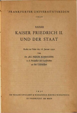 Kaiser Friedrich II. und der Staat : Rede zur Feier des 18. Januar 1930