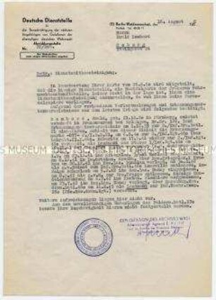 Schreiben der Deutschen Dienststelle für die Benachrichtigung der nächsten Angehörigen von Gefallenen der ehemaligen deutschen Wehrmacht zur Bestätigung der Dienstzeit in der Wehrmacht - Personenkonvolut