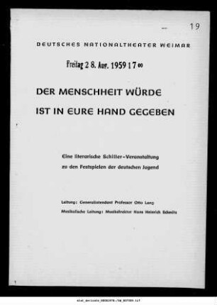 Eine literarische Schiller-Veranstaltung zu den Festspielen der deutschen Jugend