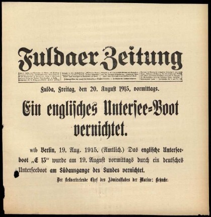 Zweite Ausgabe vom Freitag, den 20. August 1915.