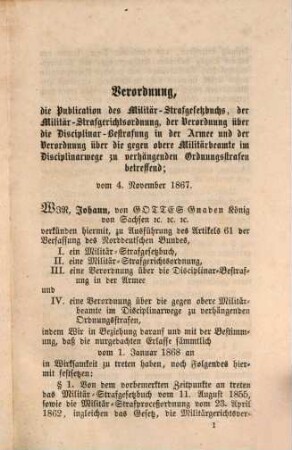 Militär-Strafgesetzbuch und Militär-Strafgerichtsordnung, sowie Verordnungen über die Disciplinarbestrafung in der Armee, über die Ehrengerichte, über das Verfahren der Ehrengerichte, ingleichen über den Gerichtsstand der Militärpersonen in bürgerlichen Rechtssachen : Juristische Handbibliothek. VII. Bd.