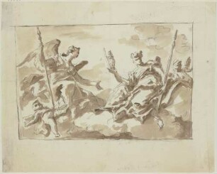 Zwei allegorische Frauenfiguren mit Putten auf Wolken (Virtù und Nobilità)