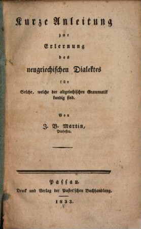 Kurze Anleitung zur Erlernung des neugriechischen Dialektes