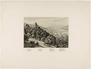 Heidelberg, Schloss, Stadt und Alte Brücke von Osten