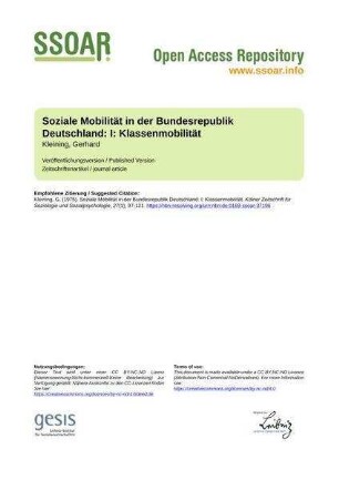 Soziale Mobilität in der Bundesrepublik Deutschland: I: Klassenmobilität