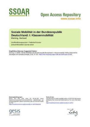 Soziale Mobilität in der Bundesrepublik Deutschland: I: Klassenmobilität
