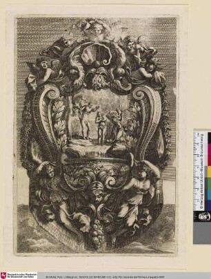 [Entwurf eines Weihwasserbeckens mit einem Gemälde der Taufe Christi; Au-dessus d'un paysage, un bénitier orné du Baptême du Christ]