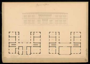 Gymnasium Monatskonkurrenz Dezember 1838: 3. Variante: Grundriss Erdgeschoss, Obergeschoss, Aufriss Straßenansicht; 2 Maßstabsleisten