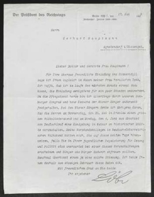 Brief von Paul Löbe von Reichspräsident Deutsches Reich Deutschland an Gerhart Hauptmann