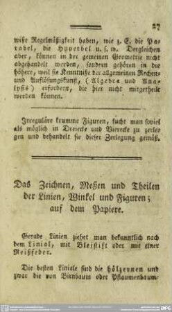 Das Zeichnen, Meßen und Theilen der Linien, Winkel und Figuren, auf dem Papiere