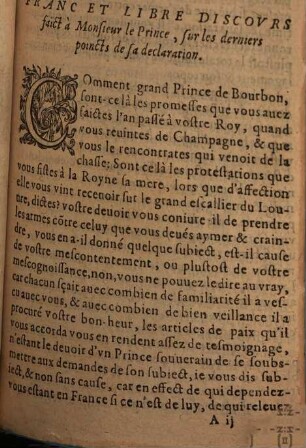 Franc Et Libre Discovrs Faict A Monsievr Le Prince, sur les derniers poincts de la Declaration