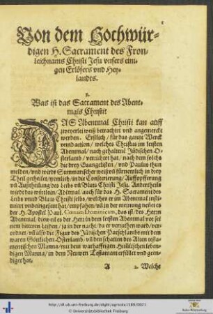 Von dem Hochwürdigen Heiligen Sacrament des Fronleichnams Christi Jesu unsers einigen Erlösers und Heylandts