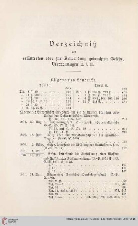 Verzeichniß der erläuterten oder zur Anwendung gebrachten Gesetze, Verordnungen u.s.w.
