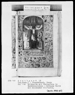 Lateinisch-französisches Stundenbuch (Livre d'heures) — Marienkrönung mit Stifterin, Folio 116recto