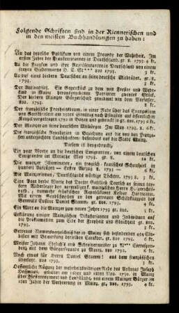 Folgende Schriften sind in der Riennerischen und den meisten Buchhandlungen zu haben ...