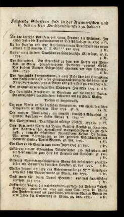 Folgende Schriften sind in der Riennerischen und den meisten Buchhandlungen zu haben ...