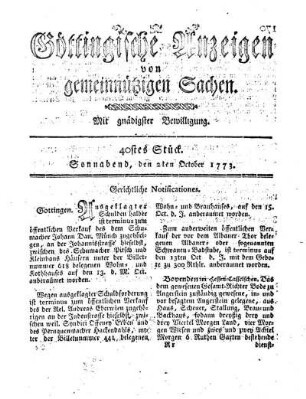 40stes Stück. Sonnabend, den 2ten October 1773.