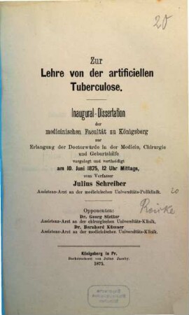 Zur Lehre von der artificiellen Tuberculose