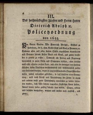 III. Des hochwürdigsten Fürsten und Herrn Herrn Dieterich Adolph [etc] Policeyordnung von 1655.