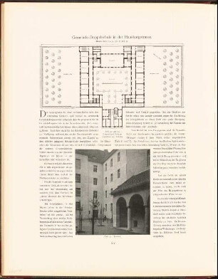 Gemeindedoppelschule in der Hausburgstraße, Berlin: Grundriss, Ansicht Turnhof (aus: Neubauten der Stadt Berlin, Bd. IV, 1905)