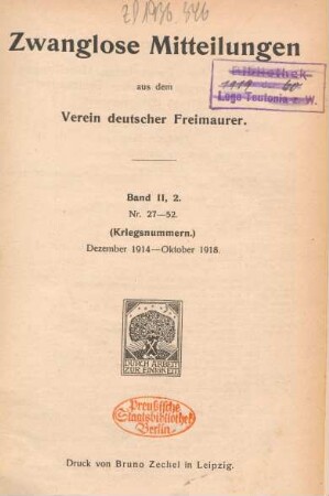 2,2.1914/18=Nr. 27-52: Zwanglose Mitteilungen aus dem Verein Deutscher Freimaurer