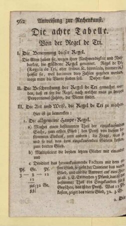 Die achte Tabelle. Von der Regel de Tri