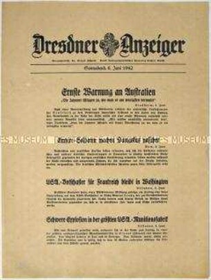 Nachrichtenblatt "Dresdner Anzeiger" u.a. zum japanischen U-Boot Angriff auf Sydney