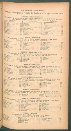 Hipódromo Argentino - Programa oficial para la reunión del domingo 15 de septiembre de 1912