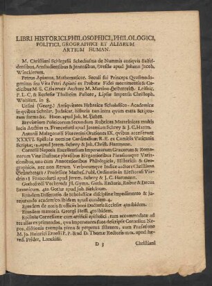 Libri Historici, Philosophici, Philologici, Politici, Geographici Et Aliarum Artium Human.